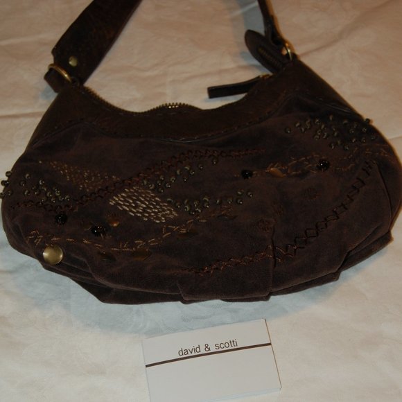 David & Scotti Brown Leather & Soft Material Small Purse W/ Embroidery& Beads - Picture 1 of 16